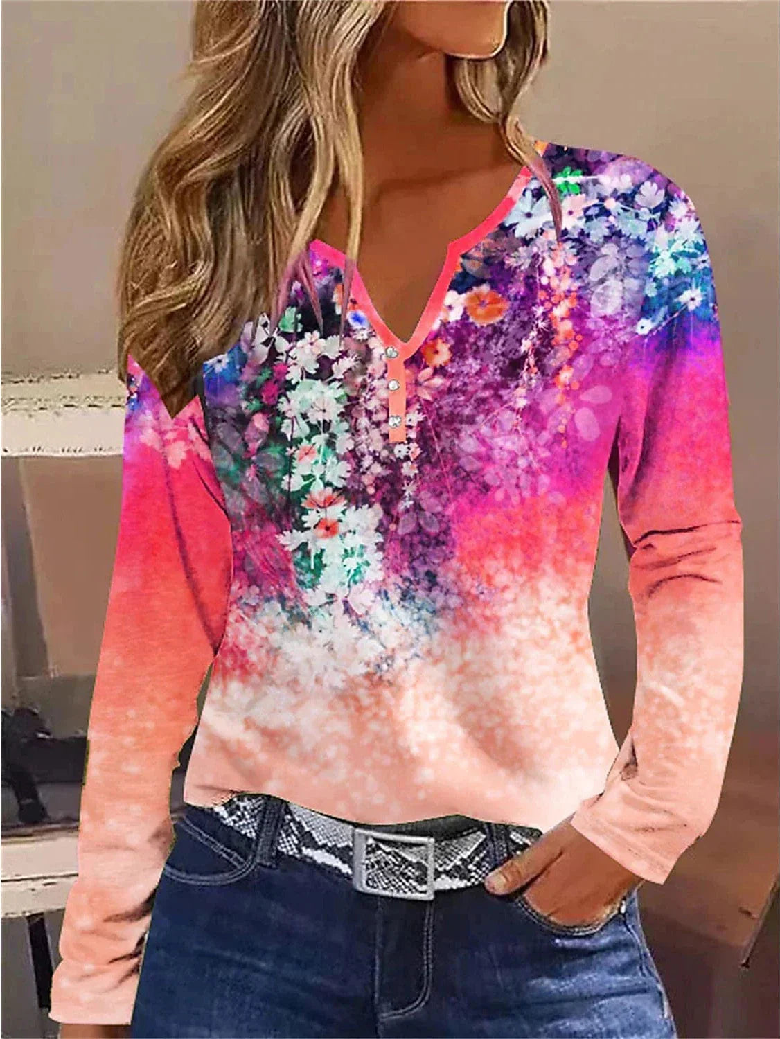 Luxurious Velvet Floral Print Henley T-Shirt for Women with Long Sleeves