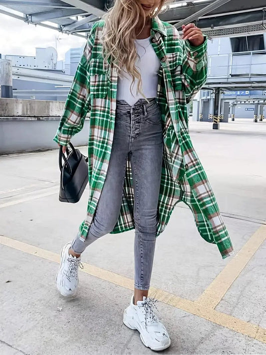 Long Plaid Jacket with Button Front Pockets, Stylish Outwear for Women