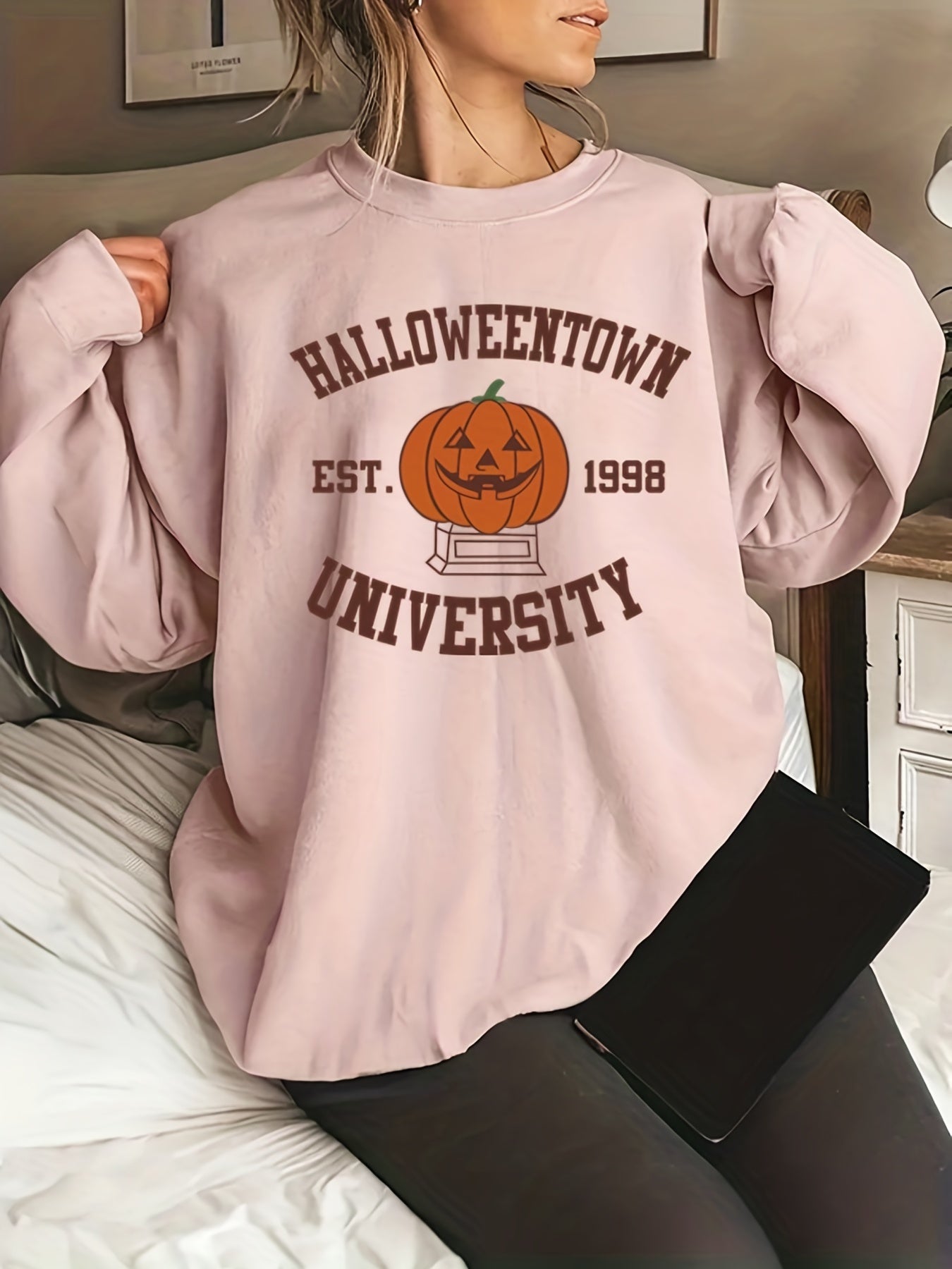 Cartoon Pumpkin Plus Size Halloween Sweatshirt with Round Neck