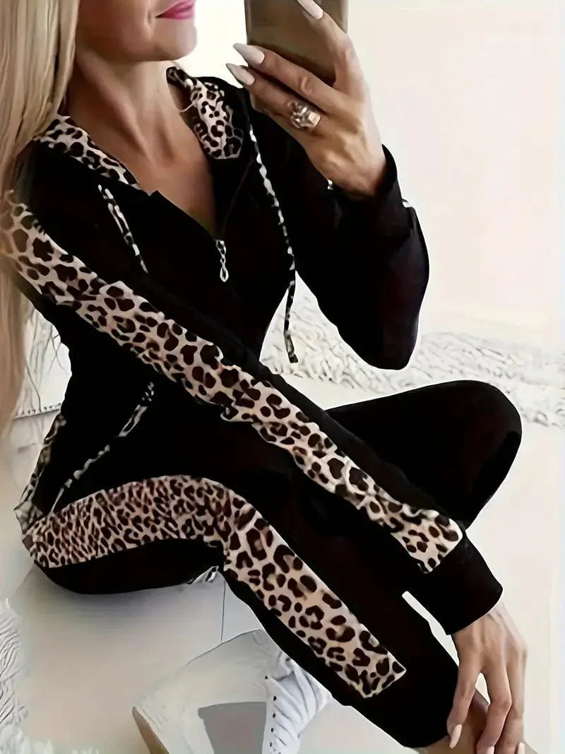 Leopard Print Cozy Two-Piece Set with Long Sleeve Hoodie and Drawstring Pants - Women's Fashion