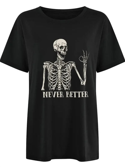 Never Better Halloween Skull Print Women's Casual Vintage T-shirt