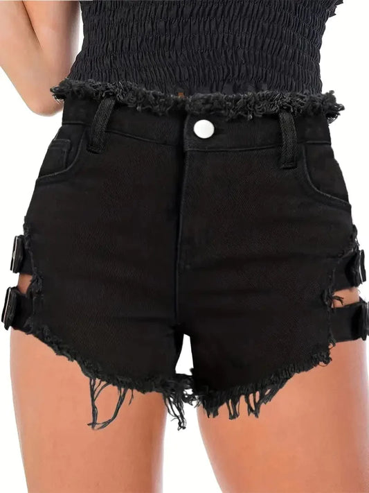 Edgy & Chic Women's Black Distressed Denim Shorts - Raw Hem Design, Soft Fabric & Practical Pockets, Ideal for Warm Weather