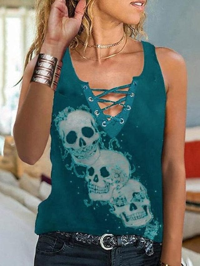 Edgy Halloween Skull Print Lace Tank Top for Women