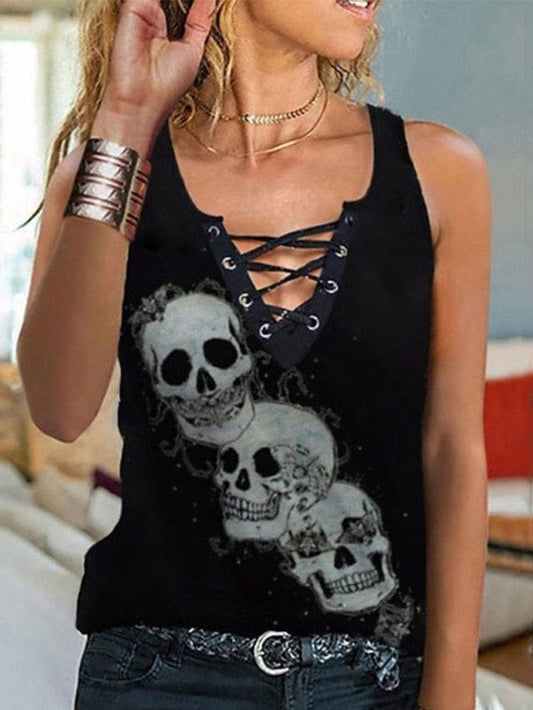 Edgy Halloween Skull Print Lace Tank Top for Women