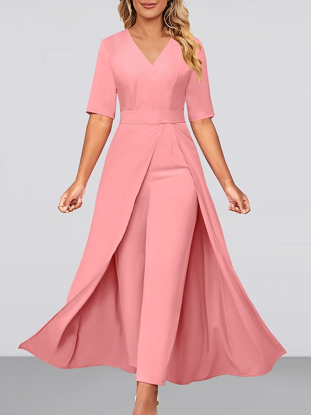 Elegant V Neck Jumpsuit with Overlay Detail