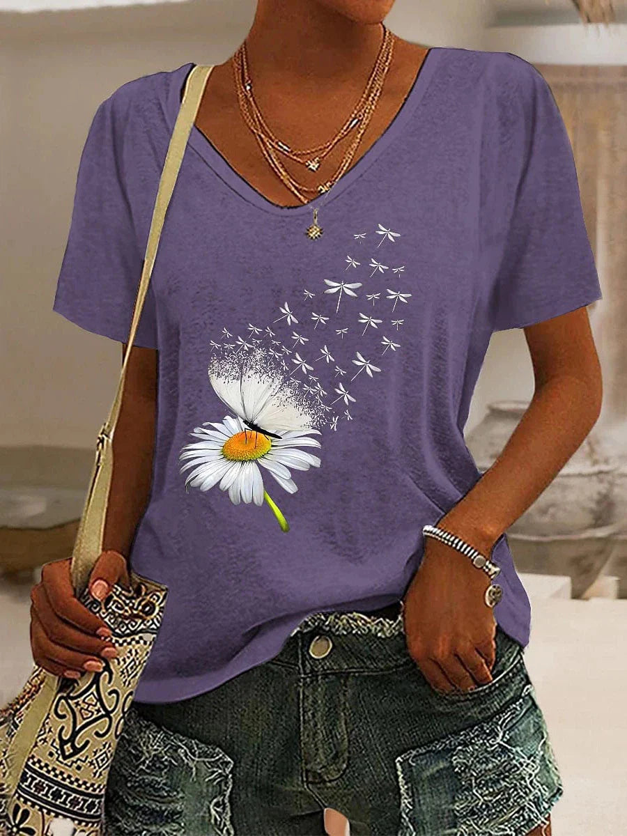 Floral Butterfly Print Women's V-Neck T-Shirt