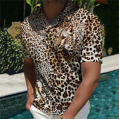 Men's Golf Shirt Animal Leopard Short Sleeve Casual Daily Turndown Print Brown Tops Fashion Designer Casual Breathable / Sports