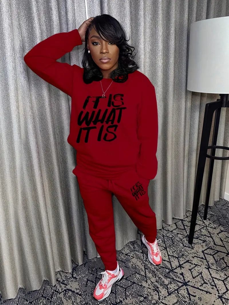 What You See Is What You Get Casual Two-piece Set, Crew Neck Long Sleeve Tops & Drawstring Jogger Pants Outfits, Women's Clothing