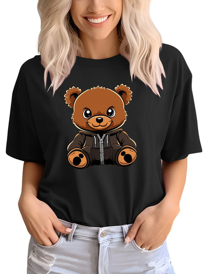 Bear Print T-shirt, Short Sleeve Crew Neck Casual Top For Summer & Spring, Women's Clothing