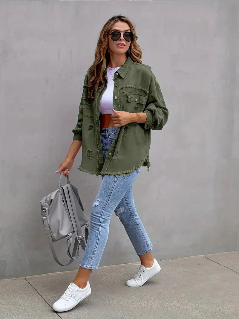 Ripped Denim Jackets with Distressed Hem and Lapel, Long Sleeve Casual Coat for Women