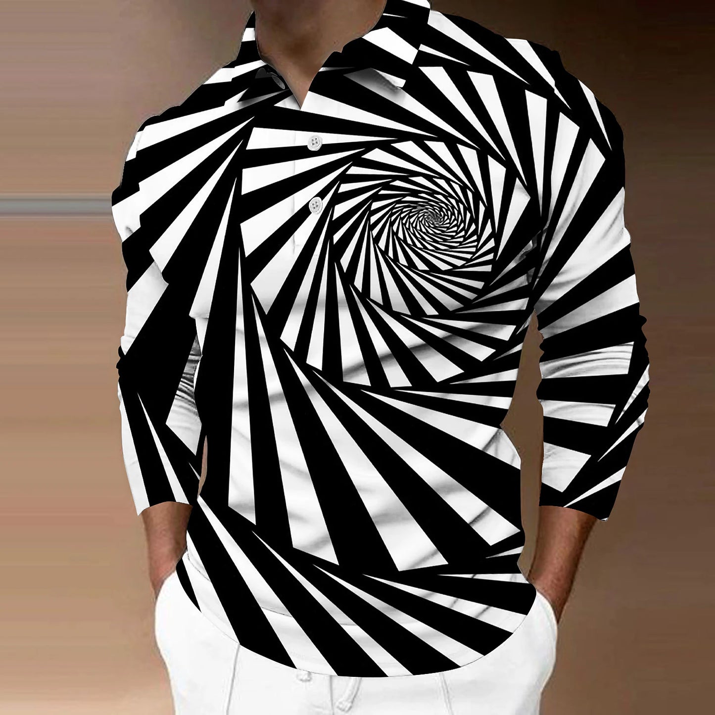 Men's Polo Shirt Golf Shirt Optical Illusion Graphic Prints Turndown Black-White Black White+Black White Blue 3D Print Outdoor Street Long Sleeve Print Button-Down Clothing Apparel Fashion Designer