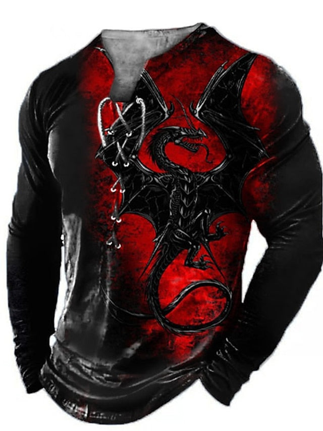 Black And Red Gothic Mens 3D Shirt For Halloween | Winter Cotton | Men'S Tee Vintage Fashion Designer Comfortable Graphic Animal Dragon Long Sleeve & White Casual Daily Going