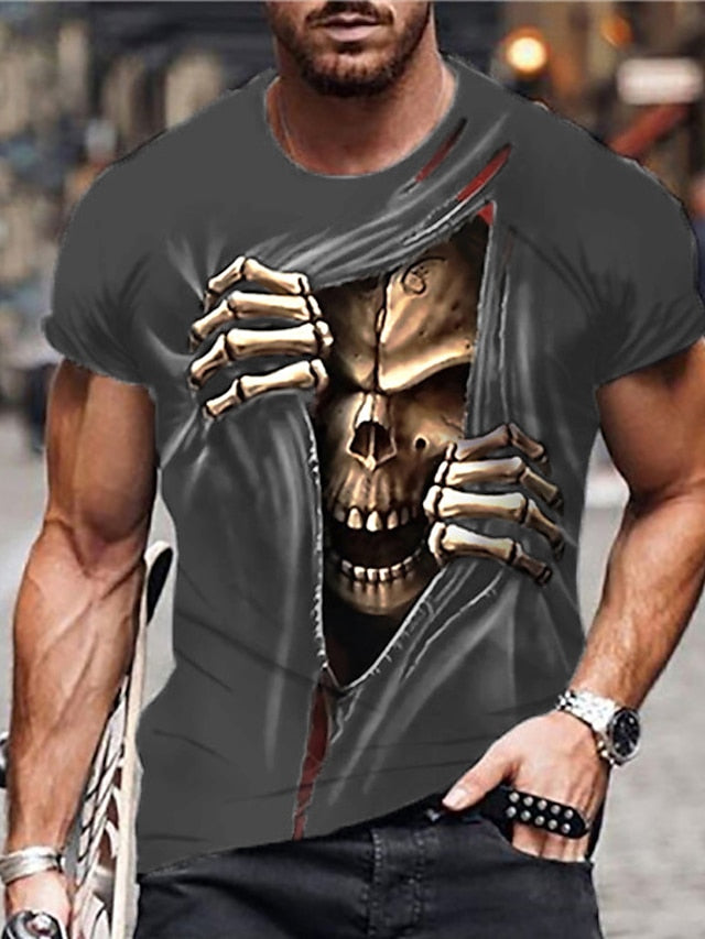Skull Casual Mens 3D Shirt For Halloween | Blue Summer Cotton | Men'S Unisex Tee Funny Shirts Graphic Prints Crew Neck Custom Black Green Khaki 3D Daily