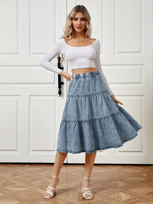 Elastic Waist Blue Denim Midi Skirt with Ruffle Hem - Relaxed Washed Denim Skirt for Women