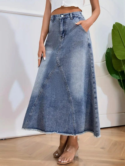 Elegant A Line High Waist Denim Skirt with Frayed Hem and Fade for Women