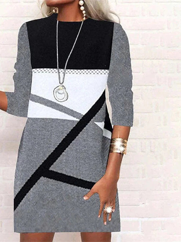 Elegant A-Line Polka Dot Shift Dress with Geometric Print and Stand Collar