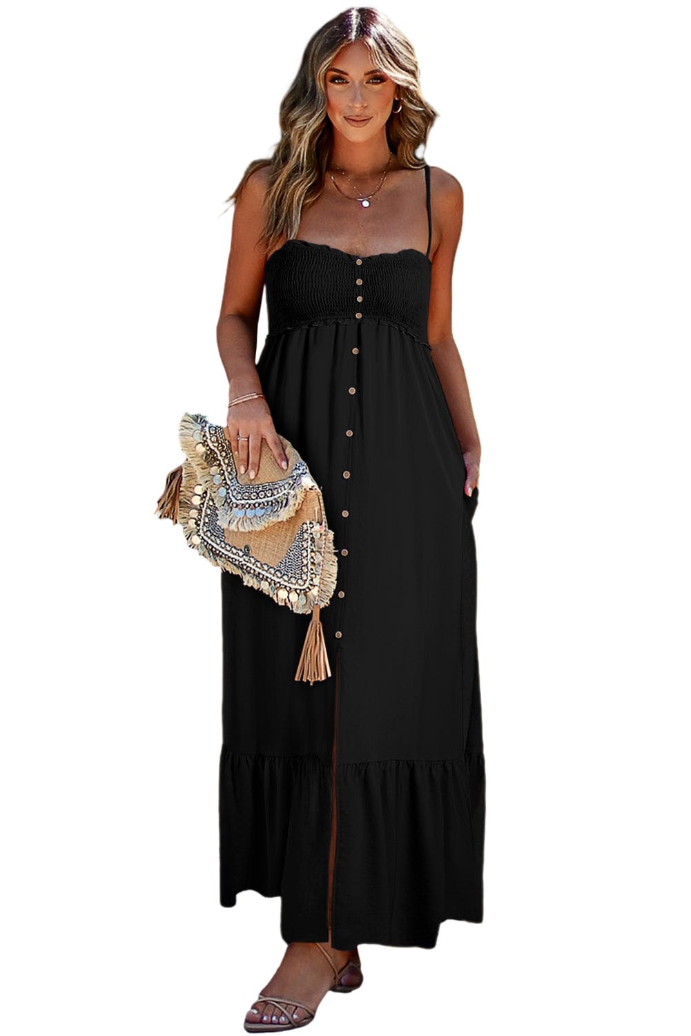 Elegant Black Buttoned Maxi Dress with Smocked Front Slit