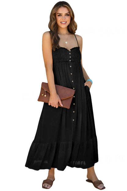 Elegant Black Buttoned Maxi Dress with Smocked Front Slit