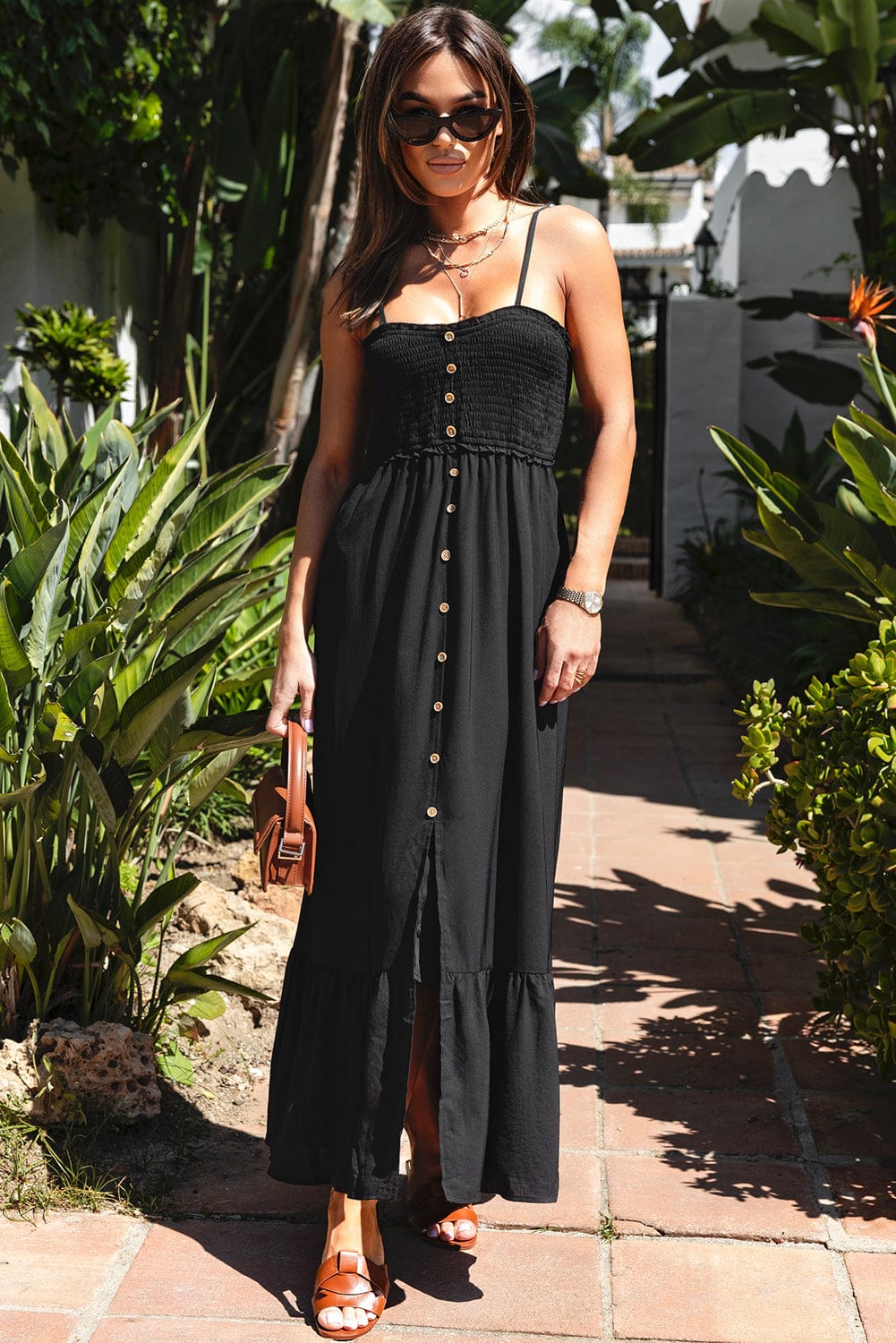 Elegant Black Buttoned Maxi Dress with Smocked Front Slit