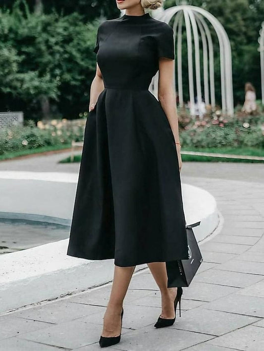 Elegant Black Midi Dress with Ruched Details and Short Sleeves