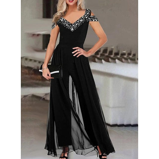 Elegant Black V-Neck Jumpsuit for Special Occasions, Spring and Fall