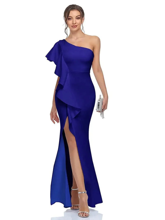 Elegant Bodycon Dress with Slant Shoulder Ruffle Trim and Asymmetrical Hem for Parties and Banquets