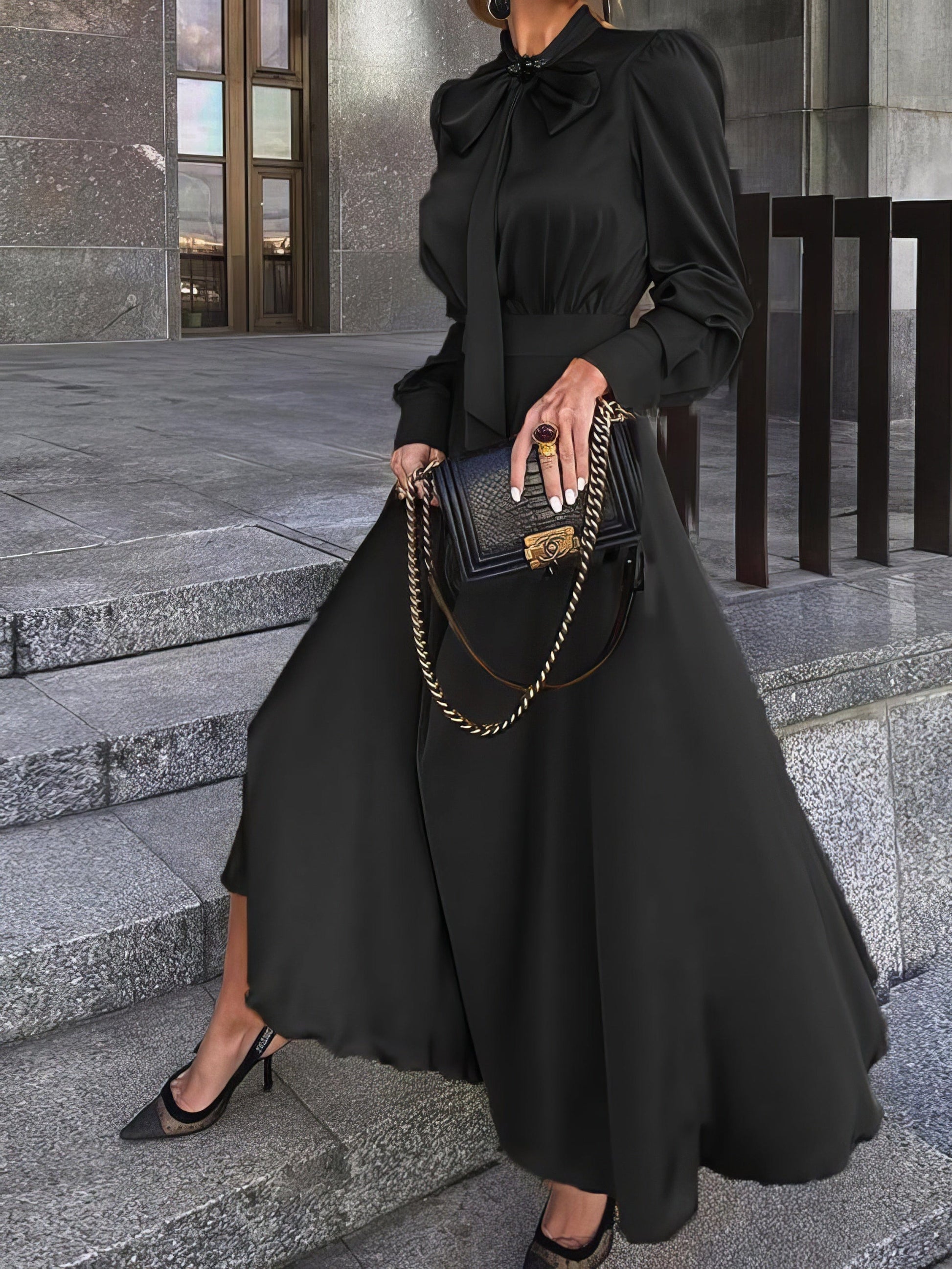 Elegant Bowknot Long Sleeve Dress with a Chic Twist