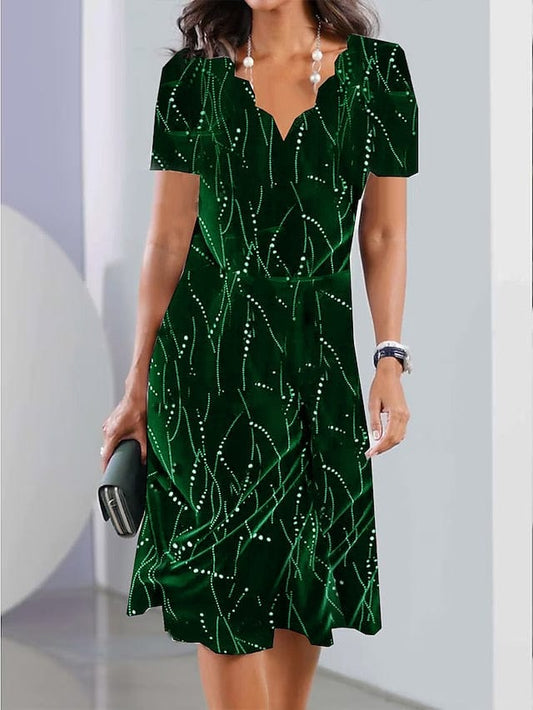 Elegant Butterfly Print Midi Dress for Women - Long Sleeve Scalloped Neck Loose Fit
