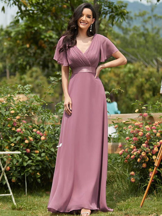 Sophisticated Chiffon Evening Gown with Double V-Neck and Elegant Ruffles