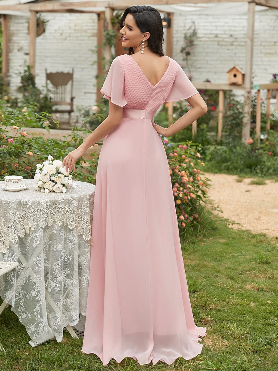 Elegant Chiffon Evening Dress with Double V-Neck and Ruffles