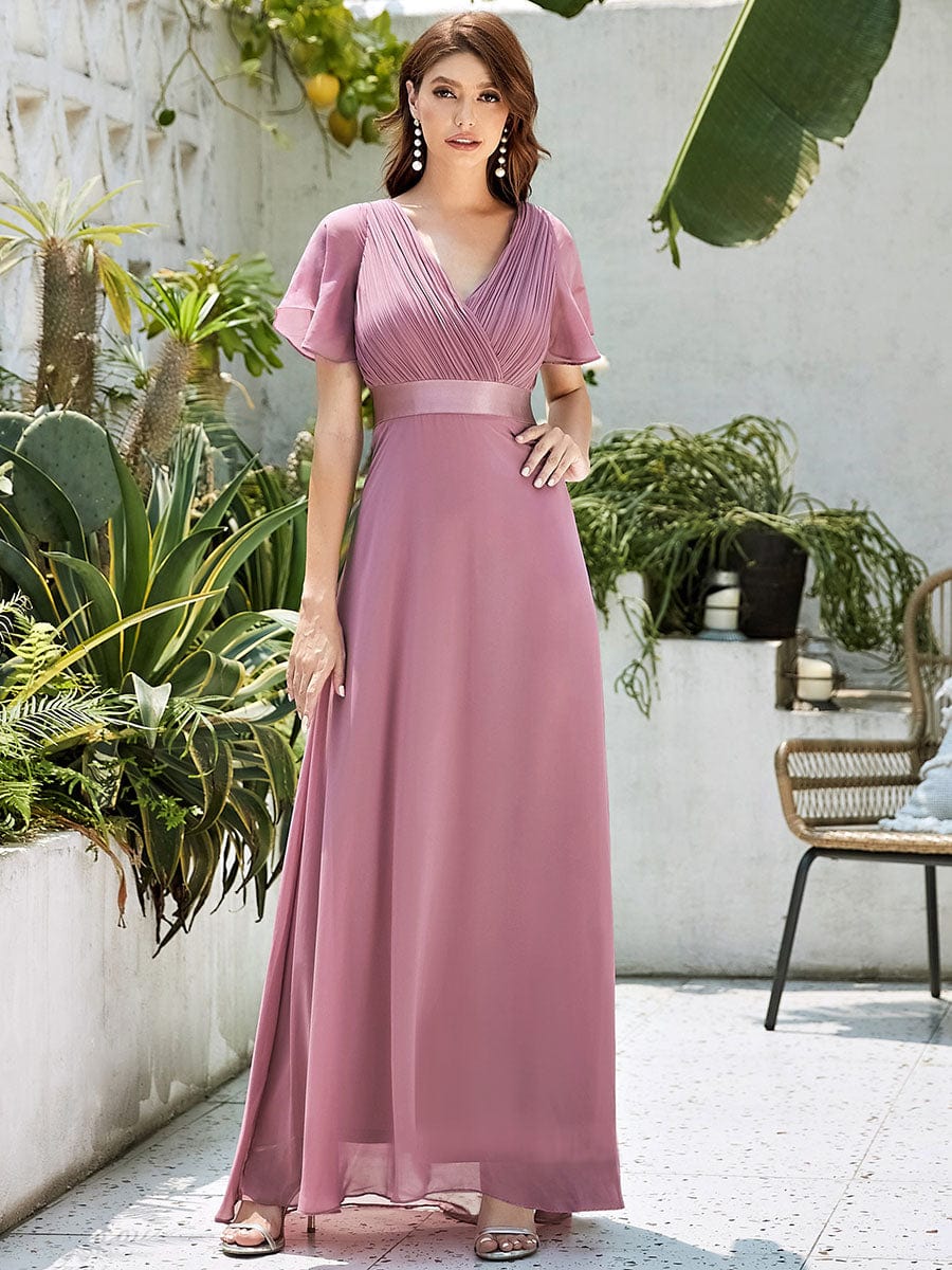 Elegant Chiffon Evening Dress with Double V-Neck and Ruffles