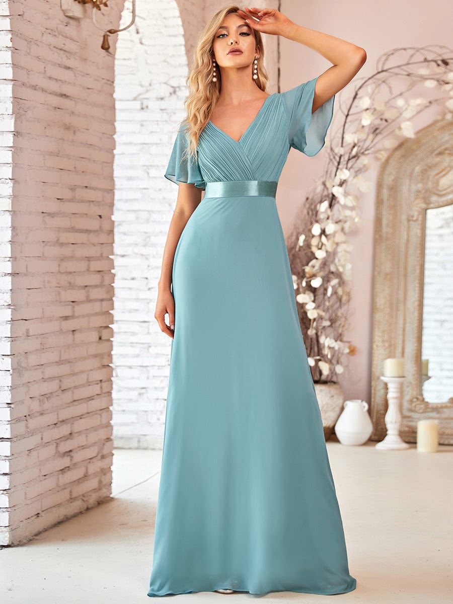 Elegant Chiffon Evening Dress with Double V-Neck and Ruffles