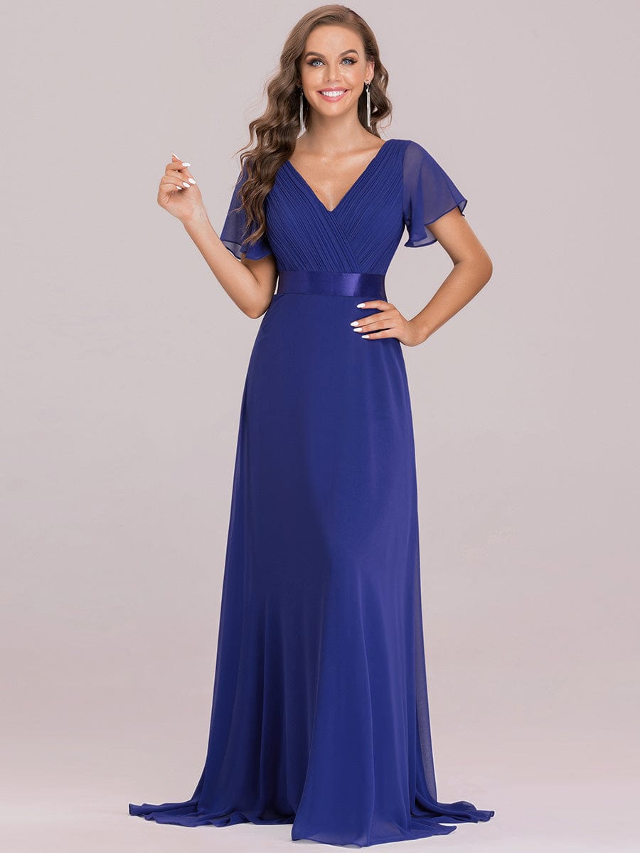 Elegant Chiffon Evening Dress with Double V-Neck and Ruffles