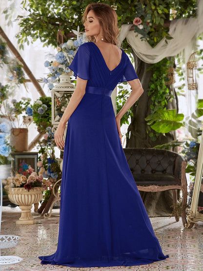 Elegant Chiffon Evening Dress with Double V-Neck and Ruffles