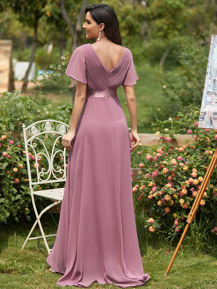 Elegant Chiffon Evening Dress with Double V-Neck and Ruffles