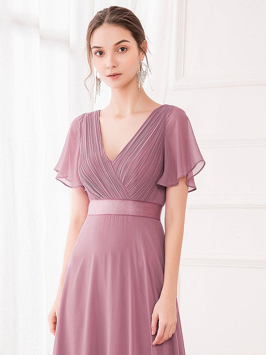 Elegant Chiffon Evening Dress with Double V-Neck and Ruffles