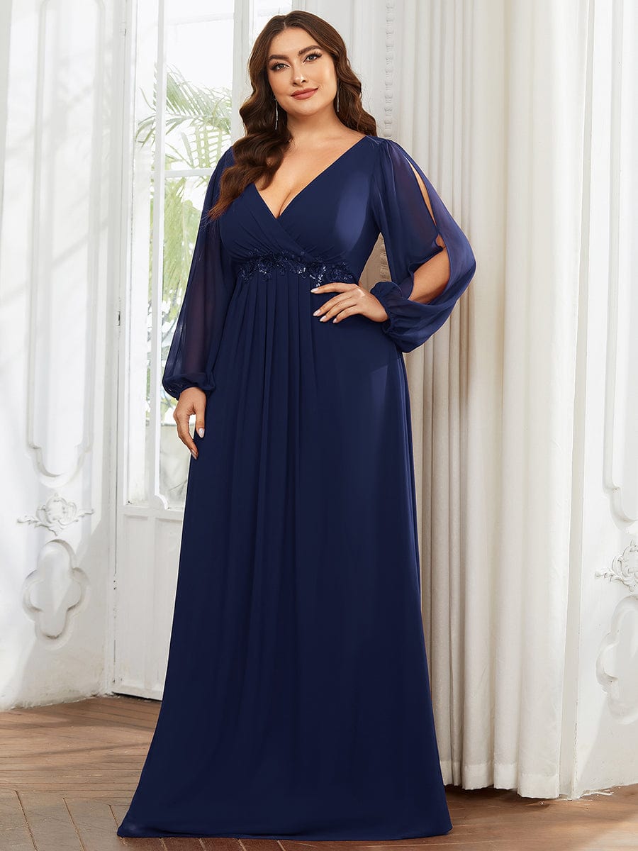 Elegant Chiffon Evening Gown for Plus Size Women with Lantern Sleeves