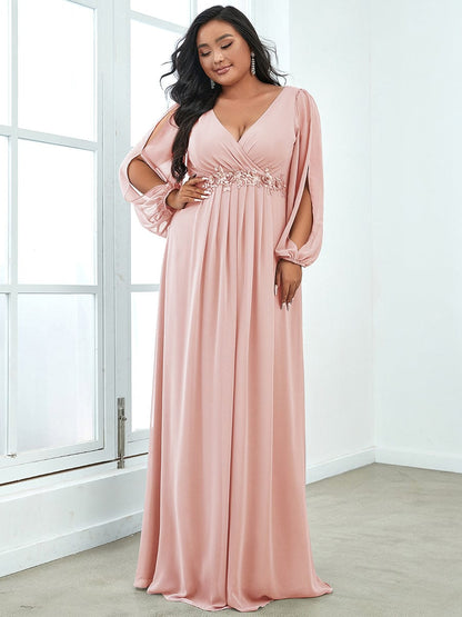 Elegant Chiffon Evening Gown for Plus Size Women with Lantern Sleeves