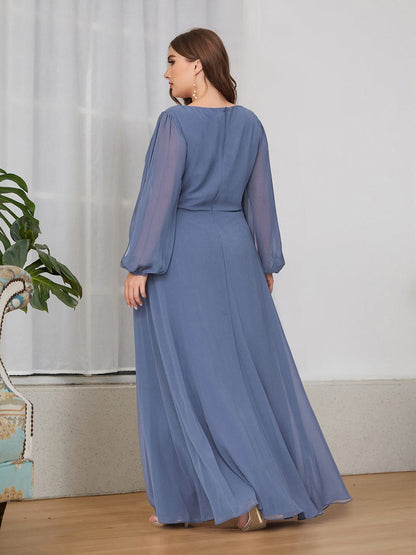 Elegant Chiffon Evening Gown for Plus Size Women with Lantern Sleeves