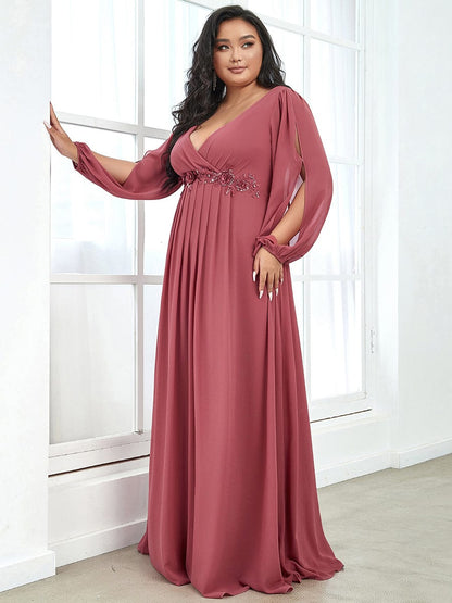 Elegant Chiffon Evening Gown for Plus Size Women with Lantern Sleeves