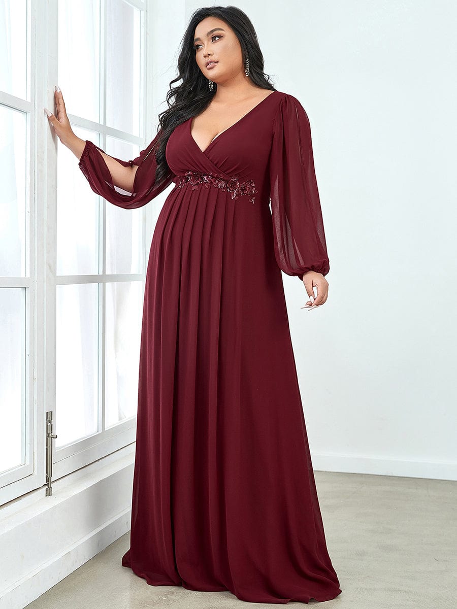 Elegant Chiffon Evening Gown for Plus Size Women with Lantern Sleeves