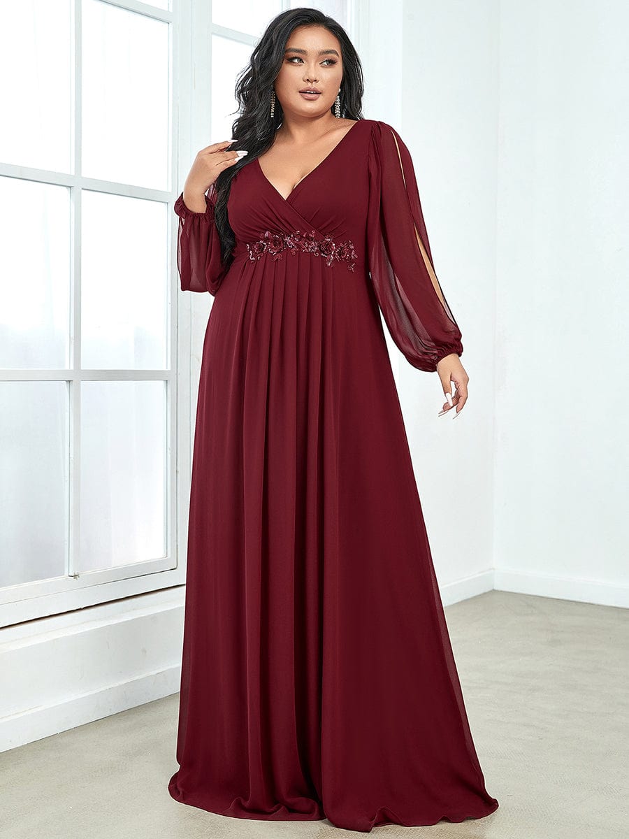 Elegant Chiffon Evening Gown for Plus Size Women with Lantern Sleeves