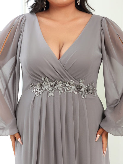 Elegant Chiffon Evening Gown for Plus Size Women with Lantern Sleeves