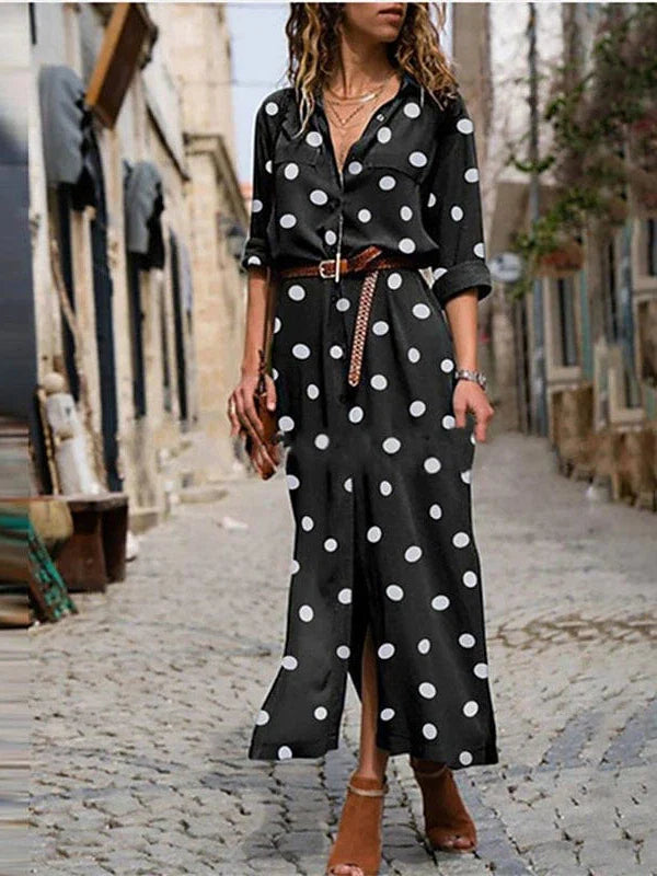 Elegant Collared Maxi Dress with Polka Dot Print for Women