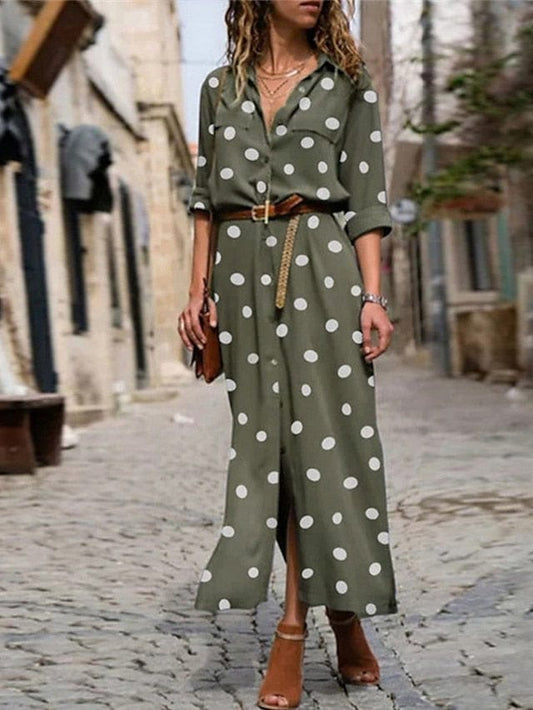 Elegant Collared Maxi Dress with Polka Dot Print for Women