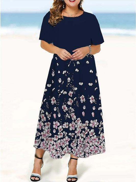 Elegant Dark Blue Floral Plus Size Midi Dress with Short Sleeves