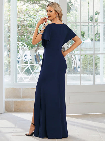 Elegant Deep V-Neck Pleated Evening Gown with High Side Slit