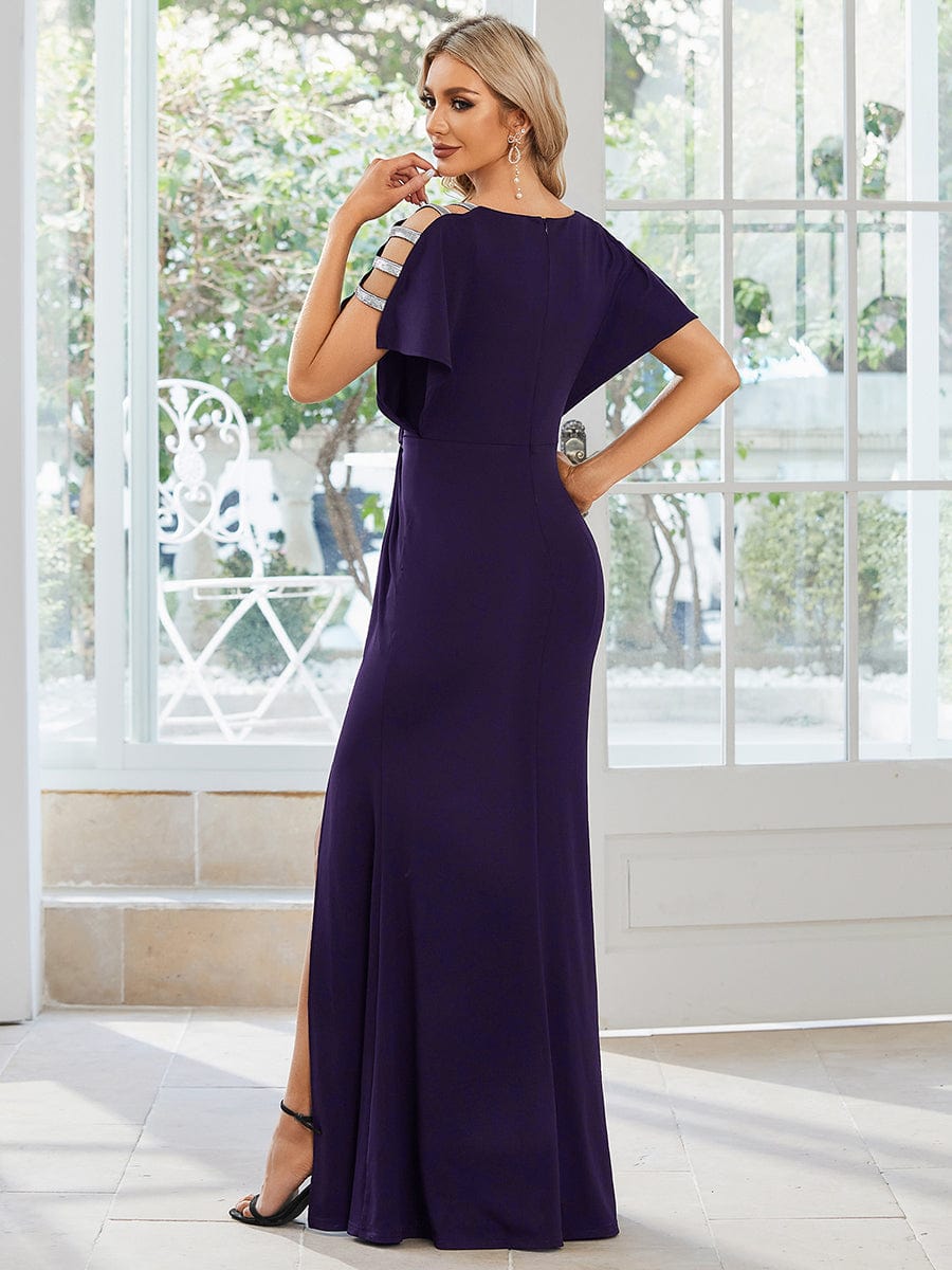 Elegant Deep V-Neck Pleated Evening Gown with High Side Slit