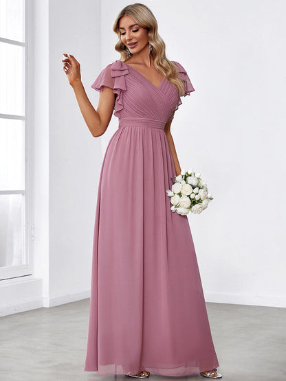 Elegant Evening Gown with Ruffled Sleeves