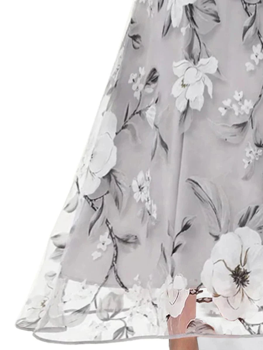 Elegant Floral Print Maxi Swing Dress with Mesh Crew Neck